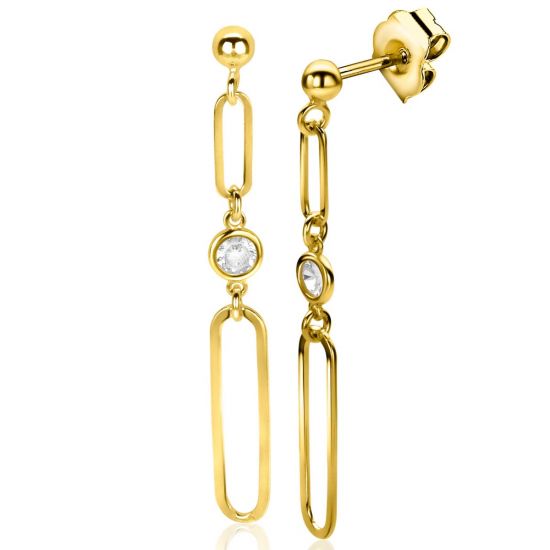 ZINZI gold plated zilveren oorstekers lange paperclip ketting met ronde witte zirconia 49mm ZIO2364Y