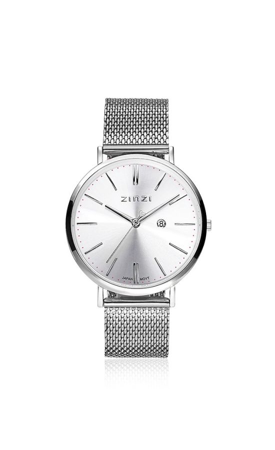Zinzi Retro horloge zilvergekleurde wijzerplaat en kast stalen mesh band 38mm extra dun ZIW402M

