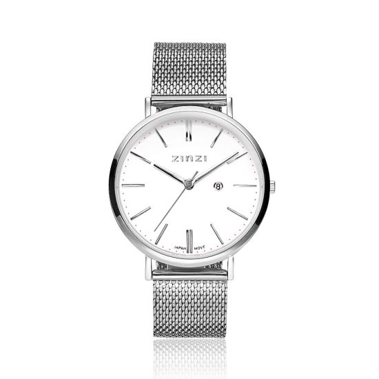 Zinzi Retro horloge witte wijzerplaat stalen kast zilvergekleurd stalen mesh band zilvergekleurd 38mm extra dun ZIW406M
