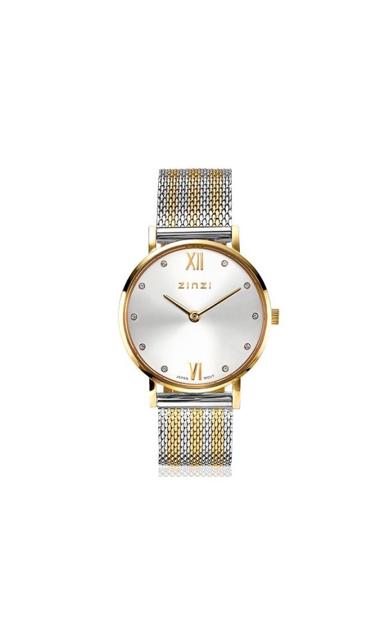 ZINZI Lady Crystal horloge zilvergekleurde wijzerplaat, geelgoudkleurige kast en bicolor stalen mesh band, witte crystals bij uuraanduiding, 28mm extra dun ZIW633MB