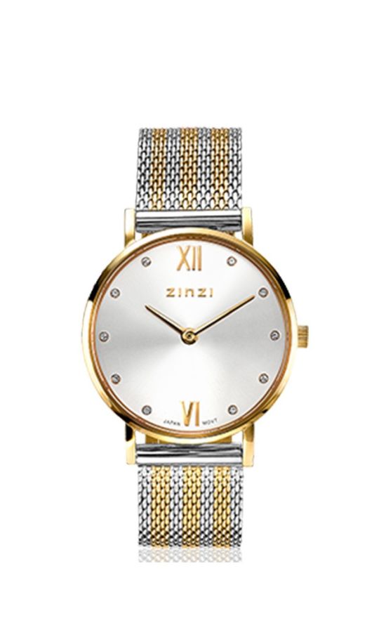 ZINZI Lady Crystal horloge zilvergekleurde wijzerplaat, geelgoudkleurige kast en bicolor stalen mesh band, witte crystals bij uuraanduiding, 28mm extra dun ZIW633MB