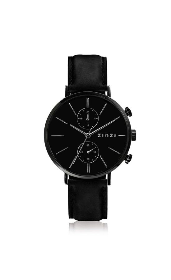 ZINZI Man watch Traveller black zwarte wijzerplaat matzwarte stalen kast zwarte leren band 39mm dual time ZIW750