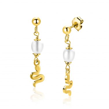 35mm ZINZI gold plated zilveren oorstekers met slang en witte zoetwaterparel ZIO2761