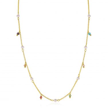 ZINZI gold plated zilveren ketting met witte parels en bungelende beads (5,5 mm) in frisse kleuren 42-45cm ZIC2705G
