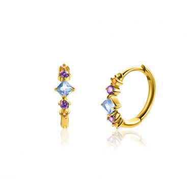 15mm ZINZI gold plated zilveren oorringen met blauw, paars en champagne kleurstenen in ruitvorm, met luxe klap-sluiting 15x2mm ZIO2443