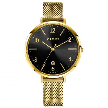 ZINZI horloge SOPHIE zwarte wijzerplaat met datum, goudkleurige kast 38mm, stalen mesh band 14mm ZIW1443