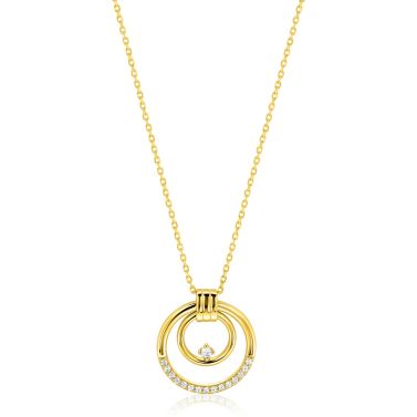 ZINZI goldplated zilveren ketting 45cm met elegante dubbele ronde hanger (24mm) speels bezet met witte zirkonia's ZIC2819