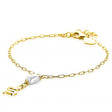 ZINZI gold plated zilveren paperclip schakelarmband met witte zoetwaterparel en slang ZIA2761