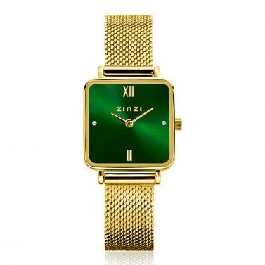 ZINZI Square Mini horloge groene wijzerplaat en vierkante geelgoudkleurige kast stalen mesh band 22mm extra dun ZIW1735