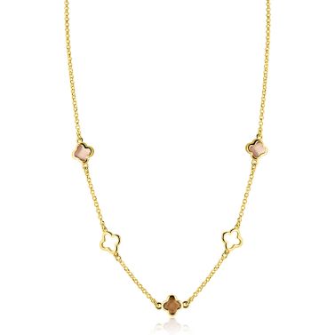 ZINZI gold plated zilveren collier 45cm met drie klavervormige zettingen met bruine kleurstenen ZIC2772