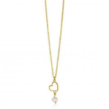 ZINZI gold plated zilveren ketting met open hartje en bungelend witte zoetwaterparel 40-45cm ZIC2642