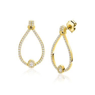 29mm ZINZI goldplated zilveren luxe oorstekers met grote sierlijke open druppelvorm, bezet met witte zirkonia’s ZIO2815