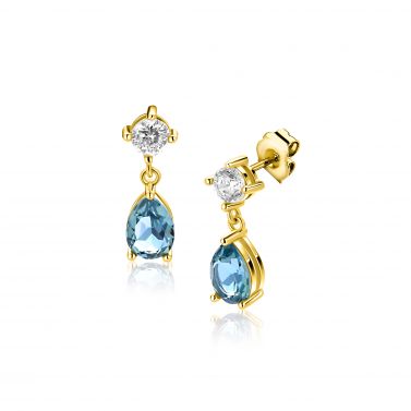 16mm ZINZI gold plated zilveren oorstekers blauwe peer en wit ronde zetting ZIO2744