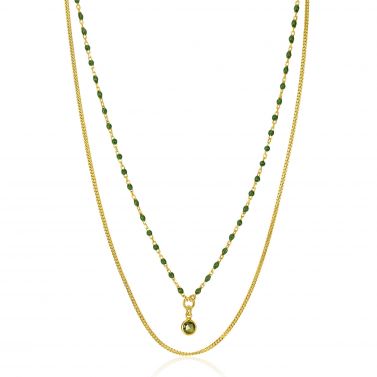 ZINZI gold plated zilveren multilook ketting met gourmet en groene bolletjes schakels, ronde zetting met olijfgroene kleursteen 42-45cm ZIC2528G
