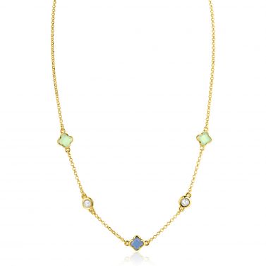 ZINZI gold plated zilveren schakelketting met twee mintgroene klavers en een blauwe klaver 40-45cm ZIC2763