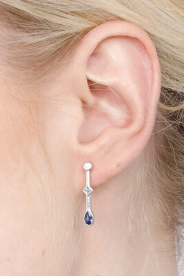 ZINZI zilveren oorsieraden staafje 22mm met rond driehoek druppel blauw ZIO2091