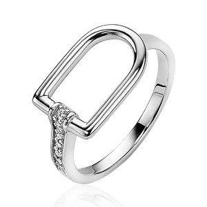 ZINZI zilveren ring 10mm halve ovaal met 1 zijde van scheen bezet met witte zirconia's ZIR-BF21