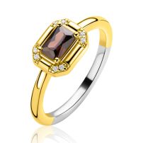 ZINZI goldplated zilveren ring met achthoekige zetting en bruine kleursteen ZIR2803