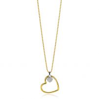 ZINZI gold plated zilveren bolletjes ketting met grote open hart hanger 20mm en bungelend luxe hartje 45-48cm ZIC2621