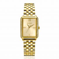 ZINZI Lucia horloge 28mm rechthoekige kast, bezet met witte zirkonia's en goudkleurige wijzerplaat, stalen schakelband ZIW2310