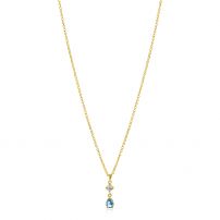 ZINZI gold plated zilveren ketting 42-45cm met luxe peervormige hanger met lichtblauwe kleursteen en witte zirkonia ZIC2744