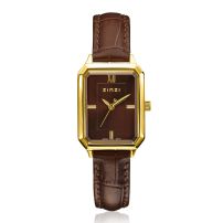 ZINZI Allure horloge 30mm achthoekige kast, bruine wijzerplaat, geelgoudkleurige kast en leren band, Japans uurwerk ZIW2536B
