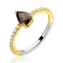 ZINZI goldplated zilveren ring met bruine druppelvormige kleursteen en rijzetting bezet met witte zirconia's ZIR2804C