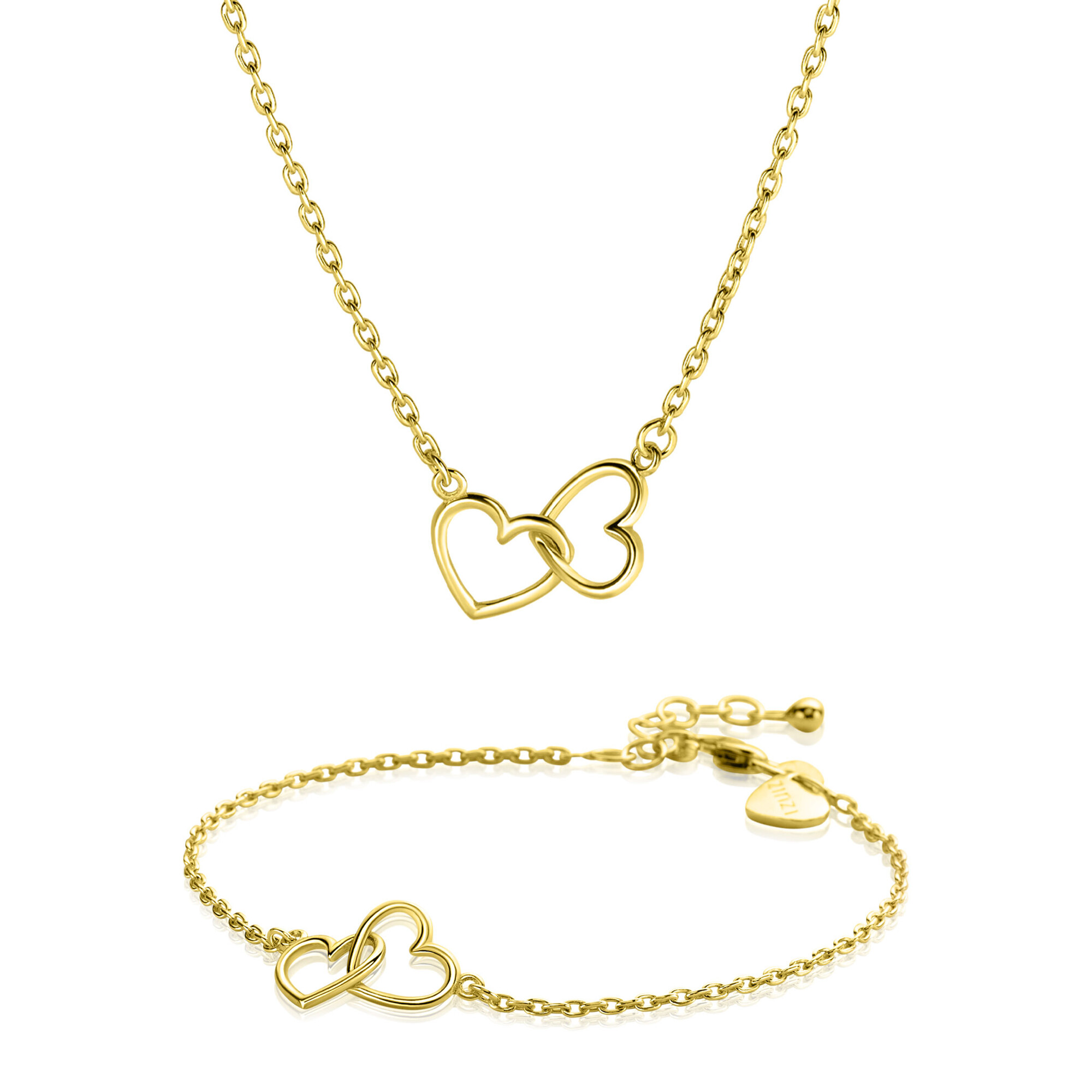 Giftset: Gold plated zilveren armband met twee verbonden hartjes en bijpassende gold plated zilveren ketting. Een complete look in één giftset GIFTSET2513G