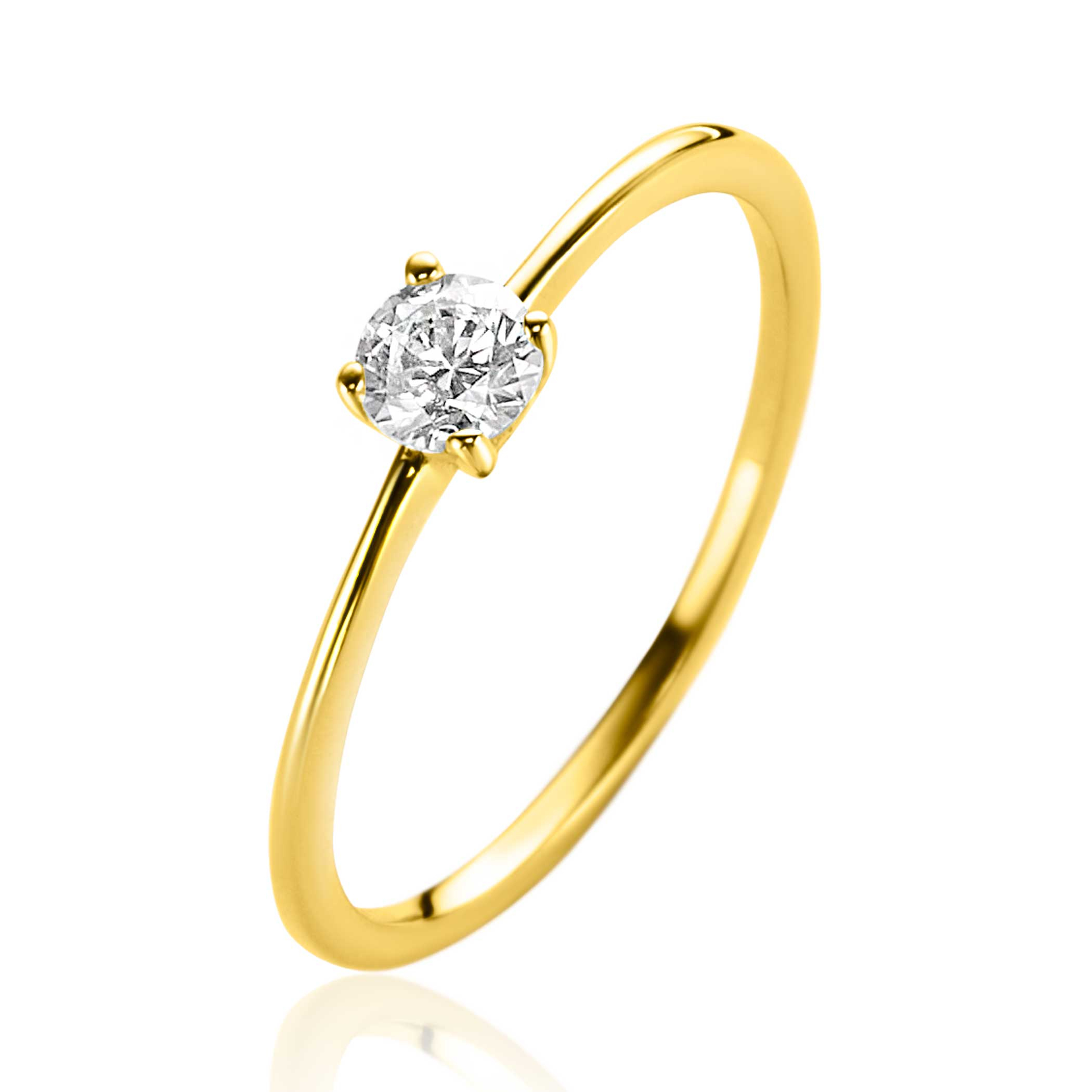 ZINZI Gold 14 krt gouden ring bezet met een ronde witte zirconia in vierpootszetting (4mm) ZGR385