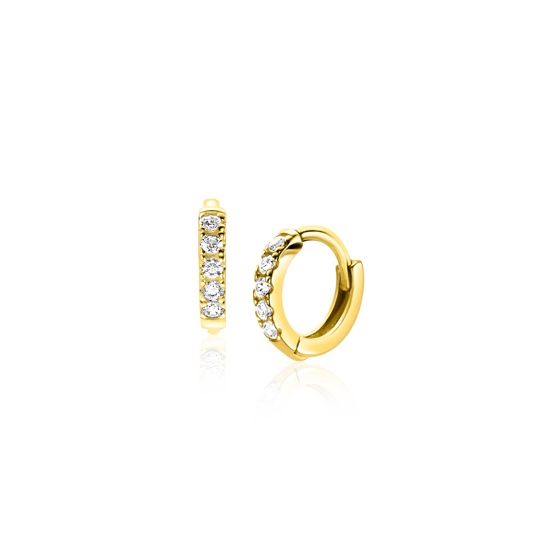 8mm ZINZI Gold 14 krt gouden oorringen bezet met witte zirconia's, luxe klapsluiting 8x1,6mm ZGO467