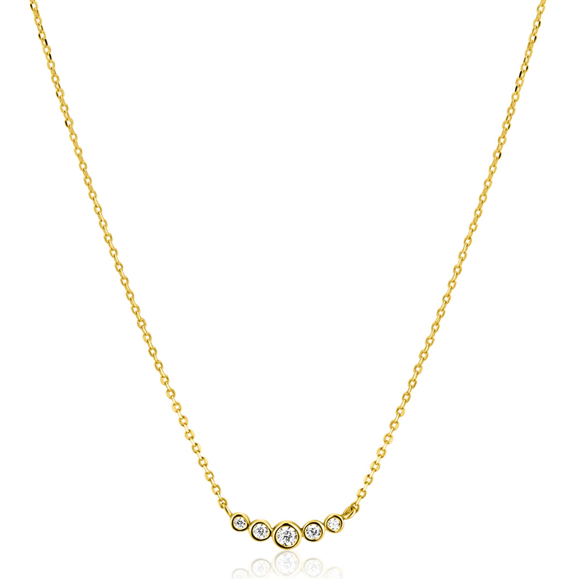 ZINZI Gold 14 karaat gouden ketting met vijf ronde witte zirconia's op een rij 45cm ZGC556
