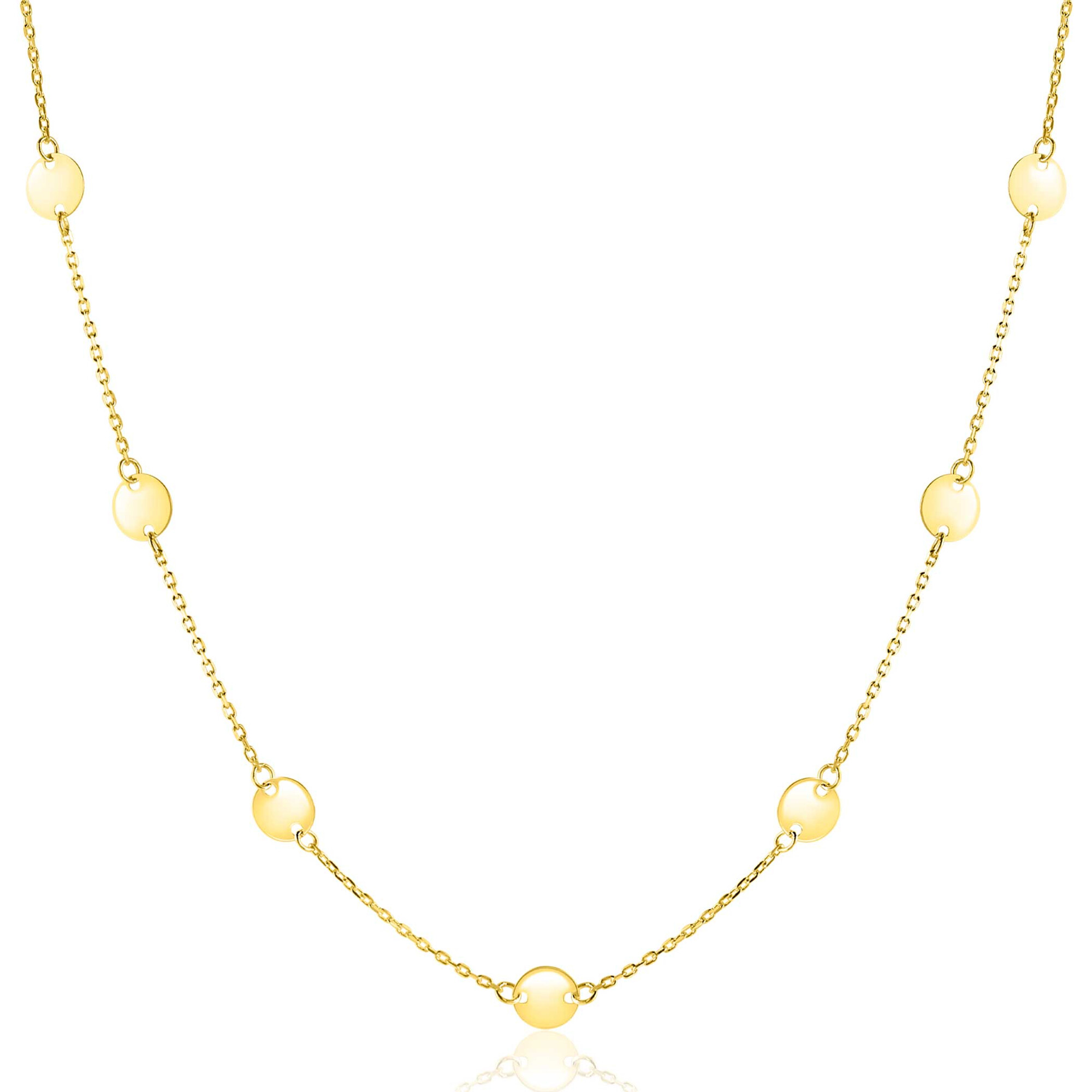 ZINZI Gold 14 krt gouden ketting met subtiele jasseron schakels en negen ronde gladde plaatjes 5mm breed 42-45cm ZGC503
