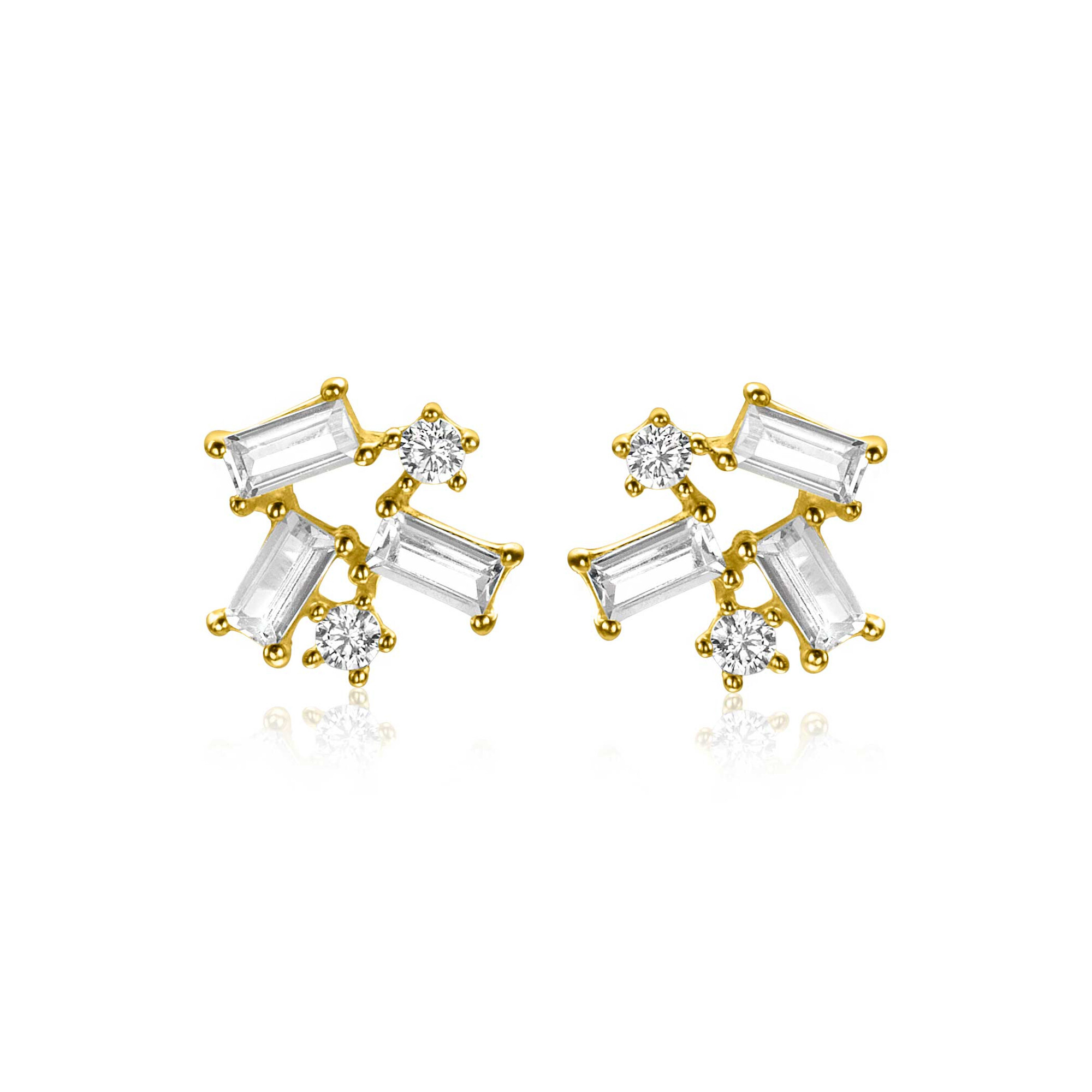 8mm ZINZI Gold 14 krt gouden fantasie oorknoppen met rechthoekige baguette geslepen zirkonia's en ronde witte zirkonia's ZGO511