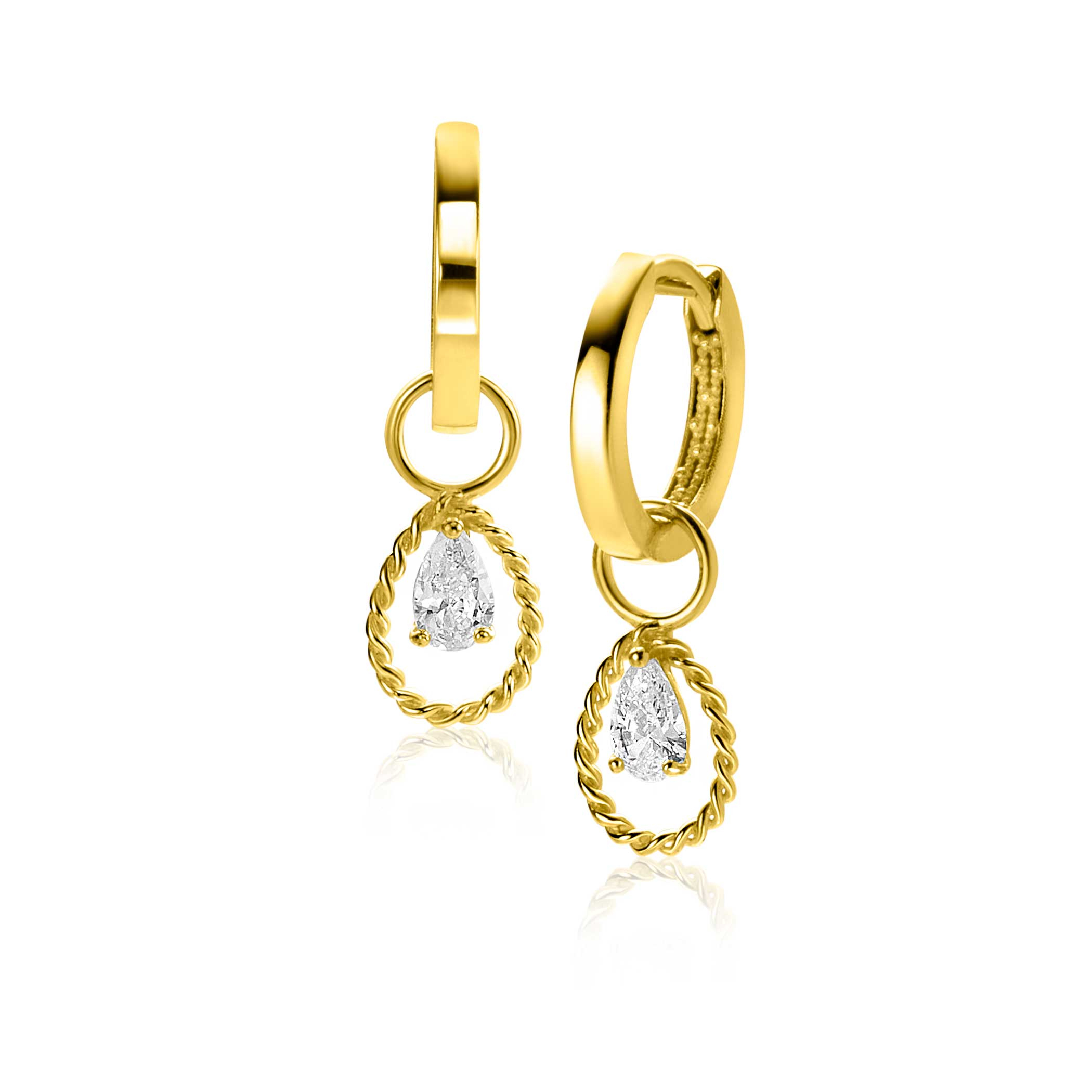 14mm ZINZI Gold 14 krt gouden oorbedels met open druppelvorm en peervormige witte zirconia ZGCH478 (zonder oorringen)
