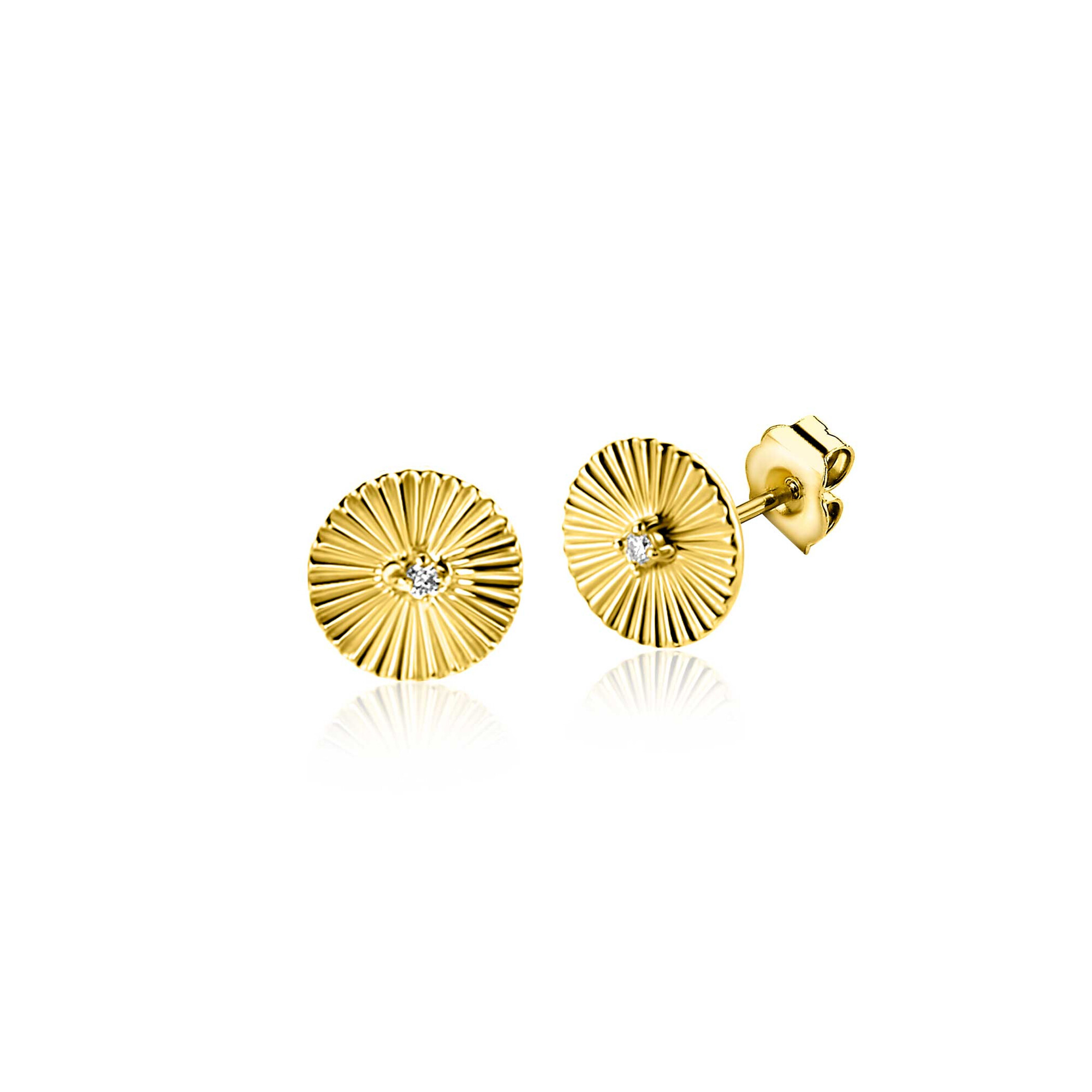 6mm ZINZI Gold 14 krt gouden oorstekers rond met zonnestralen en witte zirkonia ZGO542 (zonder collier)