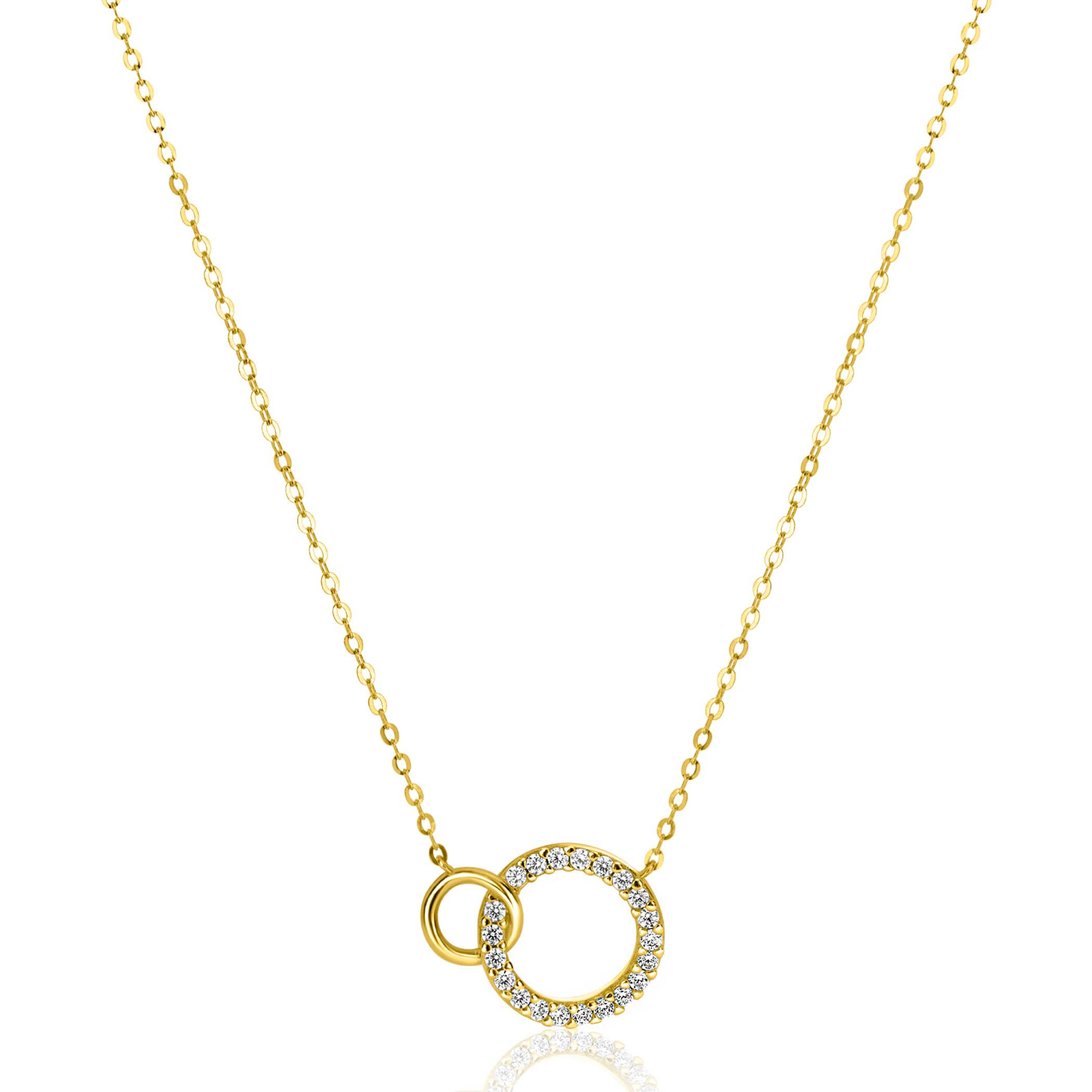 ZINZI Gold 14 krt gouden ketting met twee open rondjes, mooi met elkaar verbonden. Het groter rondje (11mm) is bezet met witte zirconia's 40-43cm ZGC460
