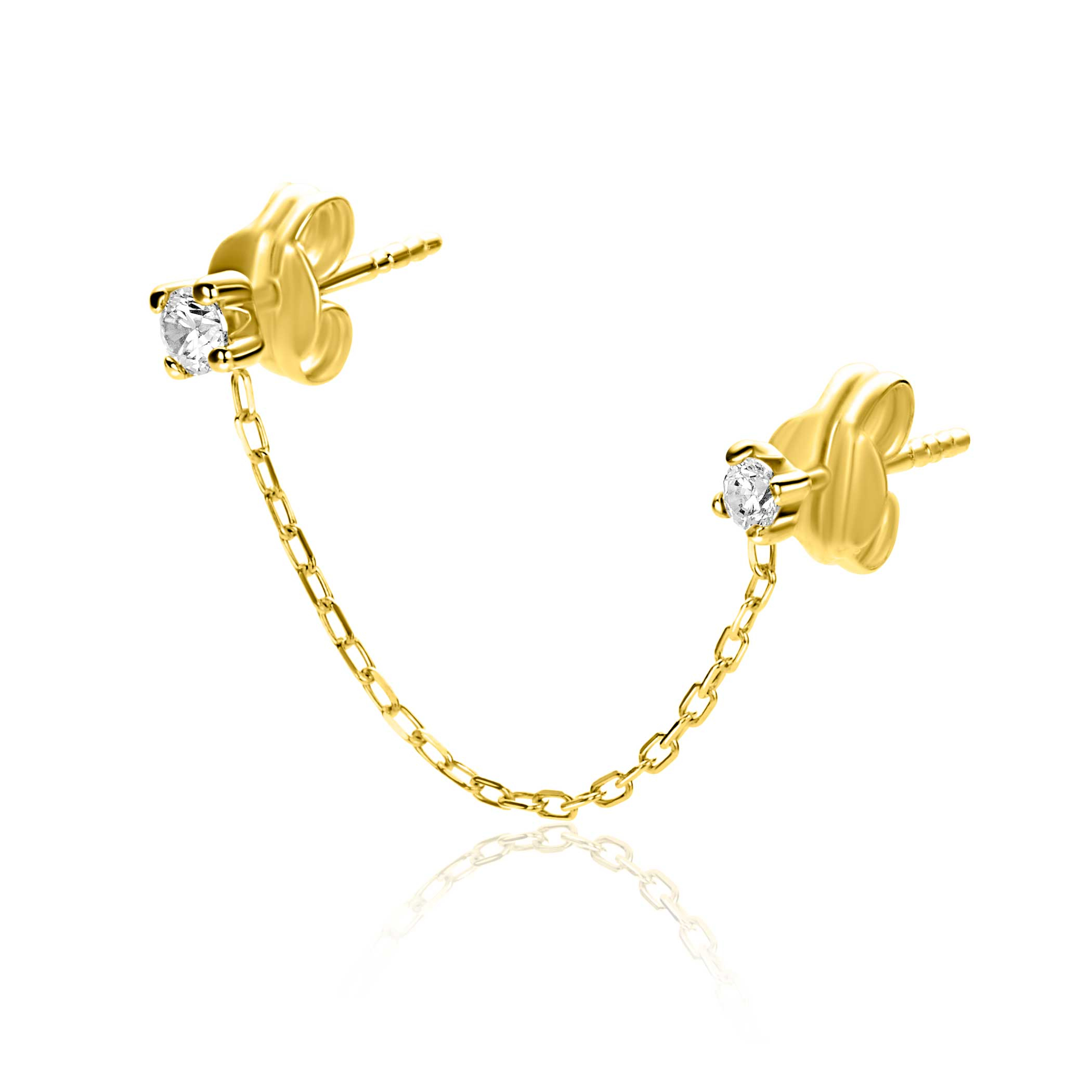 35mm ZINZI Gold 14 krt gouden dubbele oorstekers met verbonden ketting en witte zirkonia. Maar voor één oor. ZGO547 
