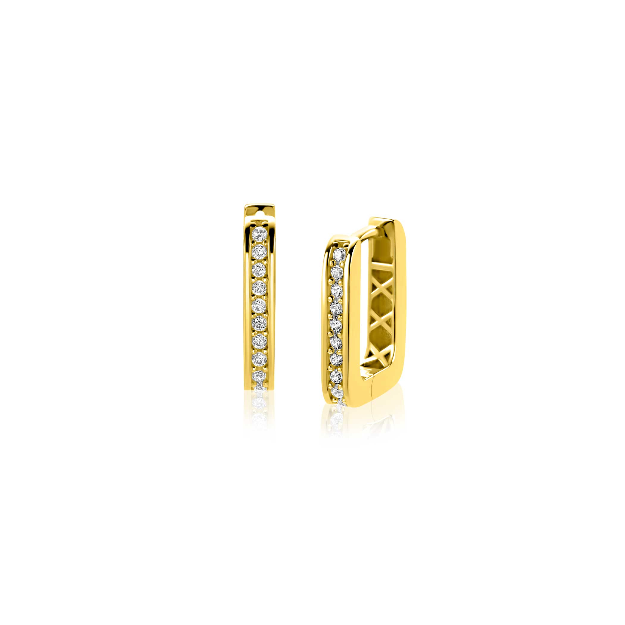 13mm ZINZI Gold 14 krt gouden rechthoekige oorringen, bezet met witte zirconia's en luxe klapsluiting 2mm vierkante buis ZGO575Z
