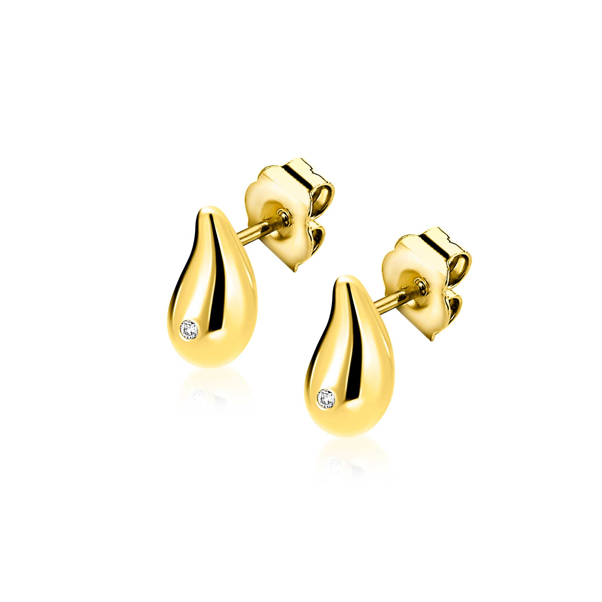9mm ZINZI Gold 14 krt gouden oorstekers in organische druppelvorm, met witte zirconia ZGO558

