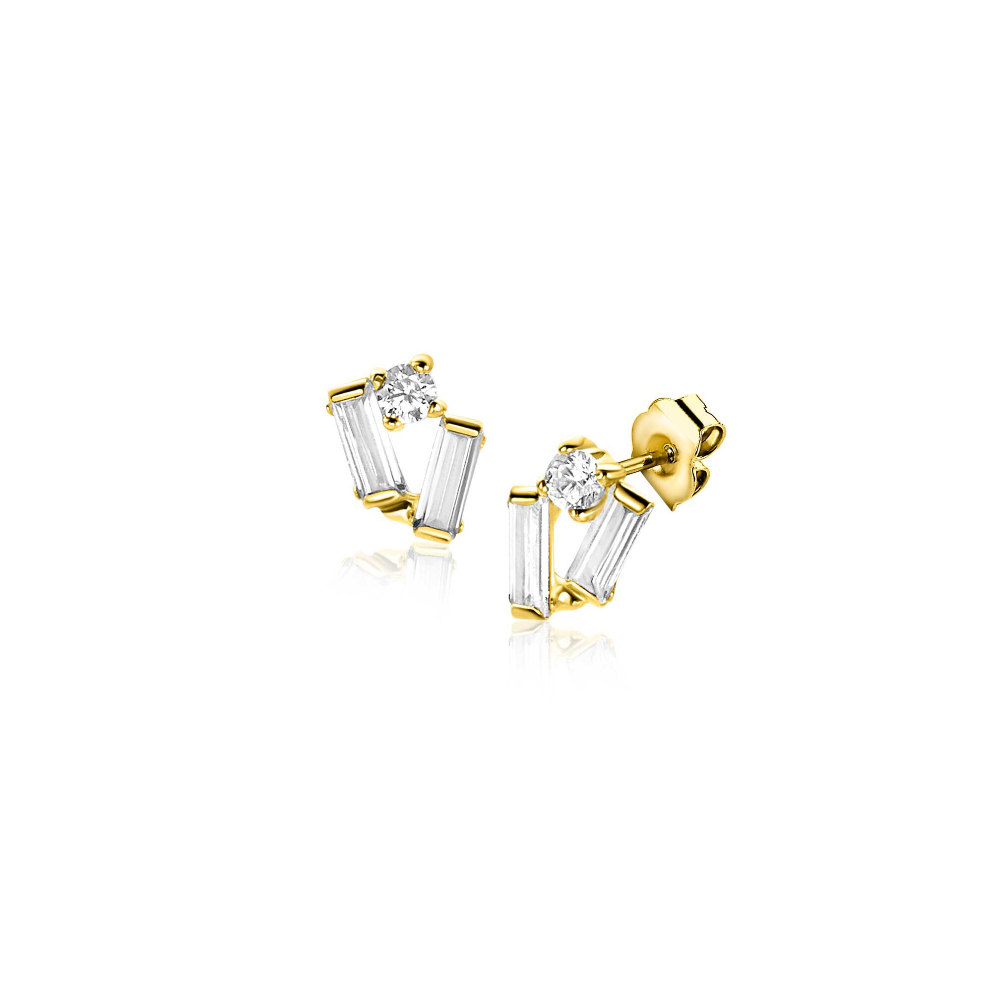 6mm ZINZI Gold 14 krt gouden fantasie oorstekers bezet met rechthoekige baguette geslepen witte zirconia's en een ronde witte zirconia ZGO465
