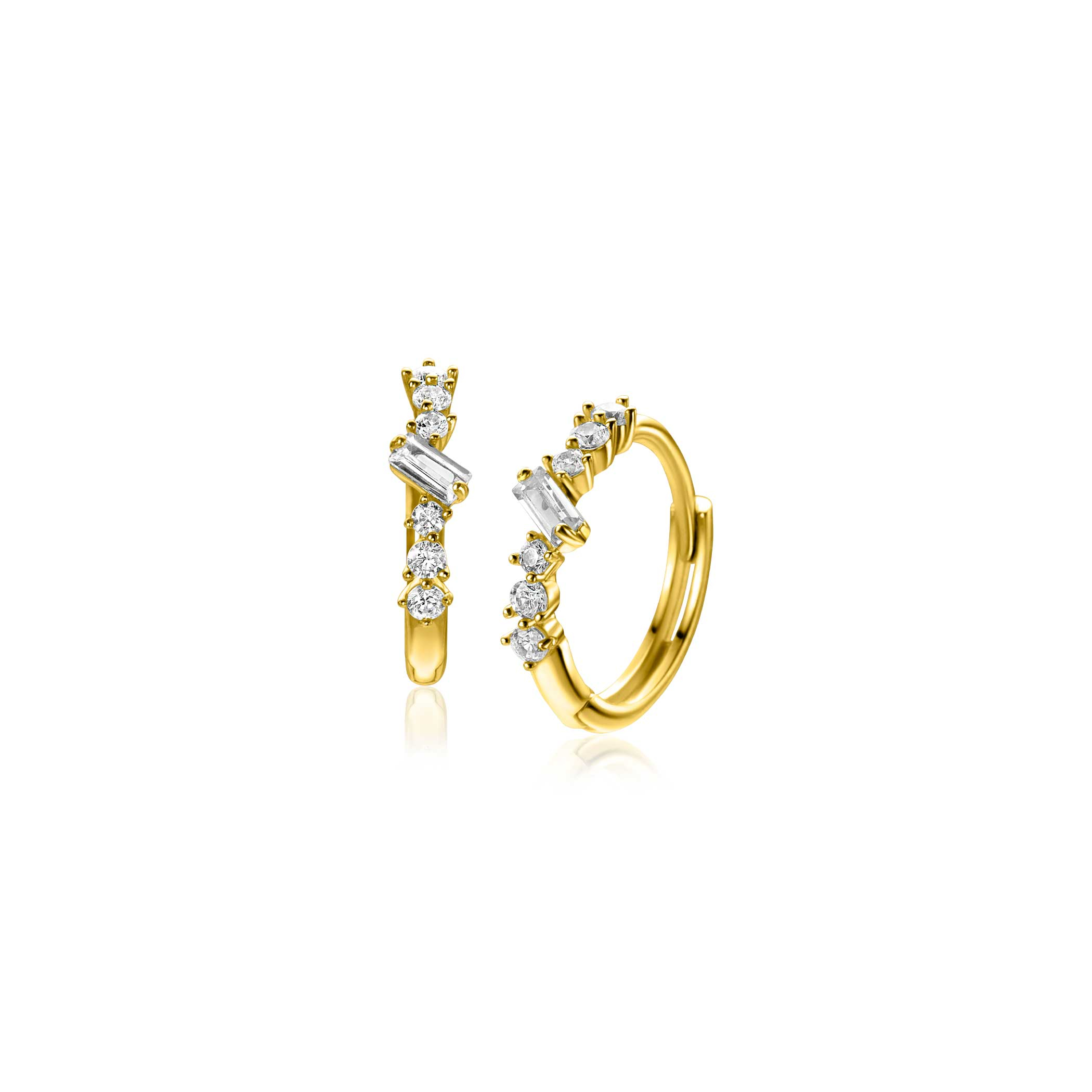 13mm ZINZI Gold 14 krt gouden oorringen met rechthoekige baguette geslepen zirkonia en zes ronde witte zirkonia's, met luxe klapsluiting 13 x 2mm ZGO528