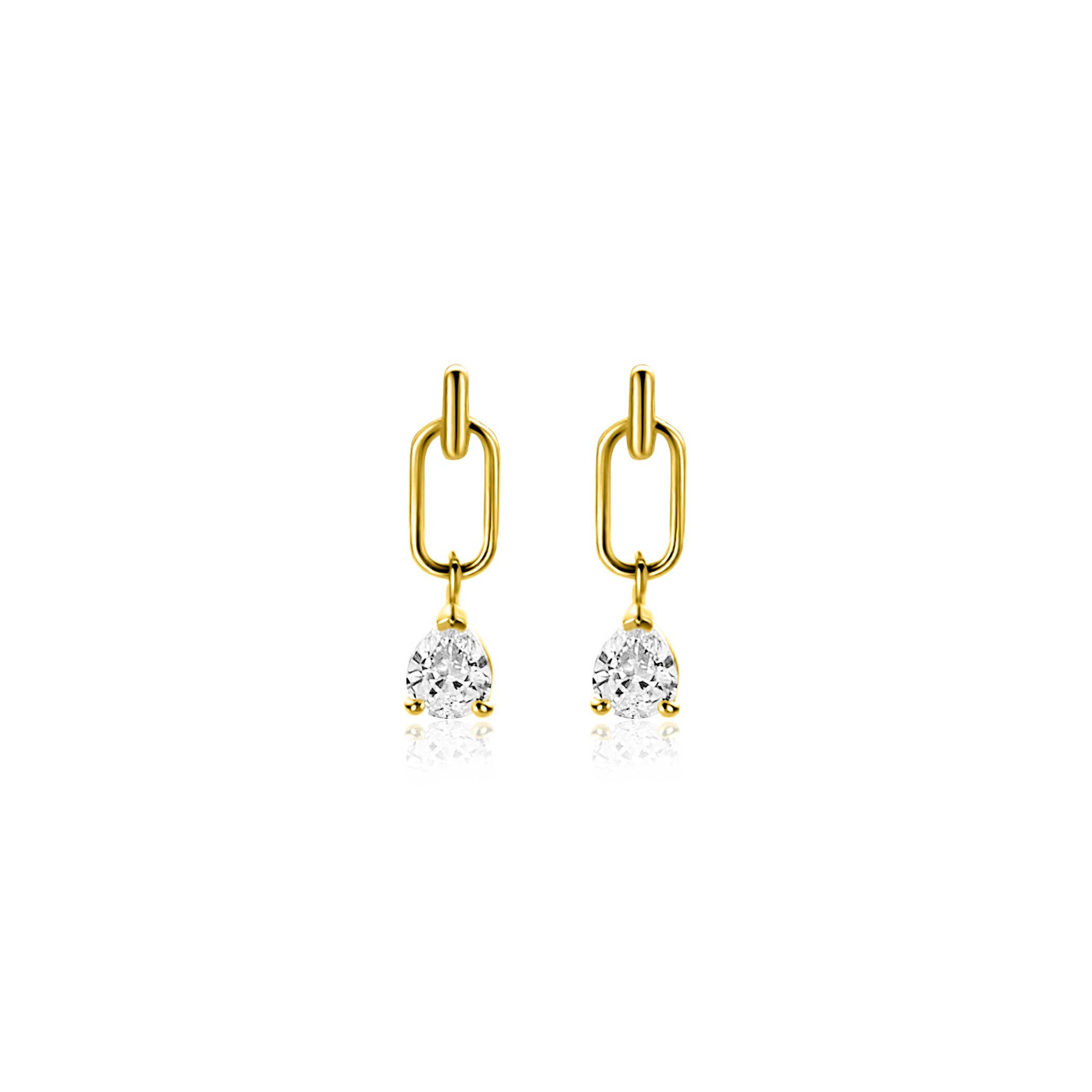 12mm ZINZI Gold 14 krt gouden oorstekers, open ovaal met peervormige witte zirkonia ZGO548