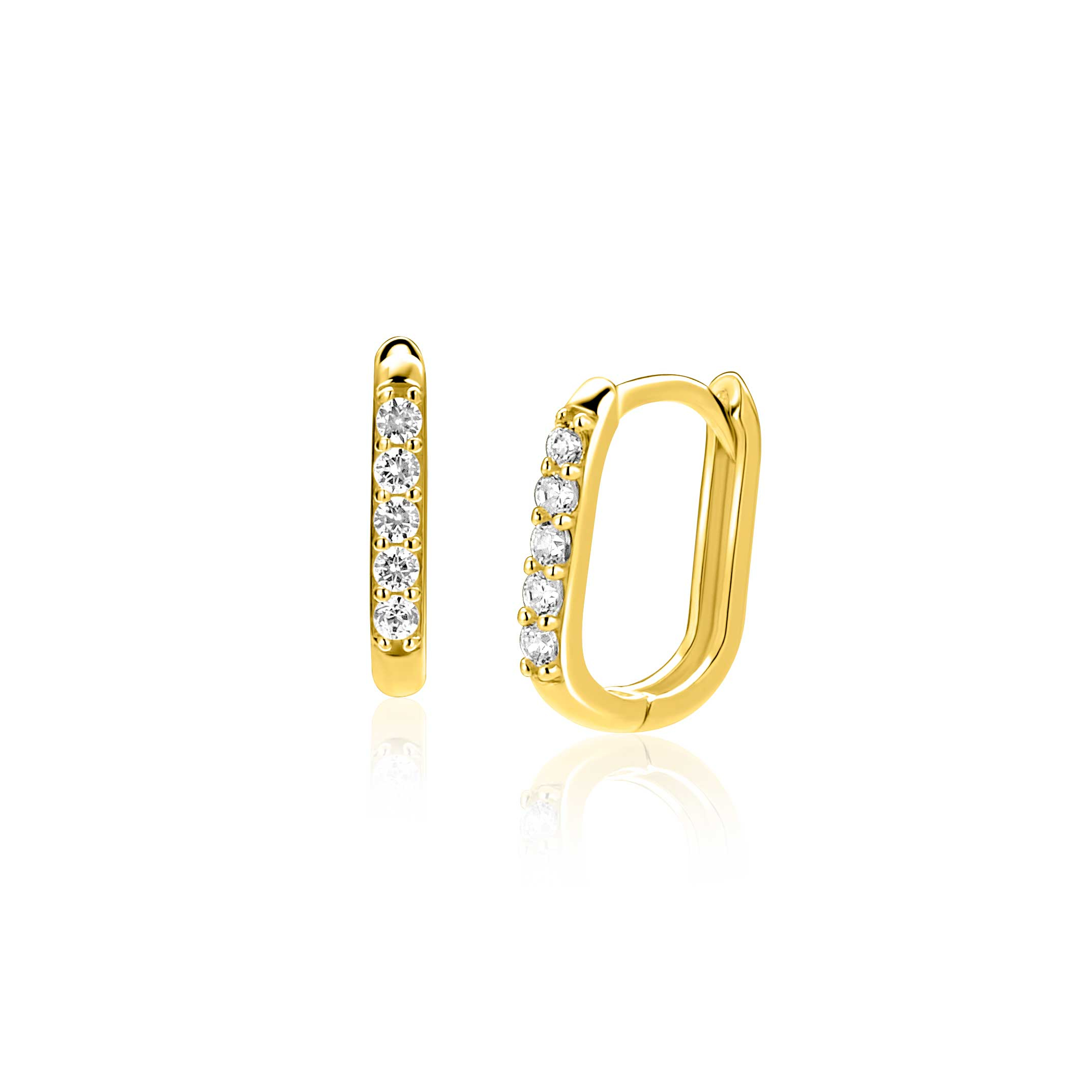 12mm ZINZI Gold 14 krt gouden oorringen rechthoekig model bezet met witte zirconia's met luxe klapsluiting 12mm x 1,9mm ZGO564
