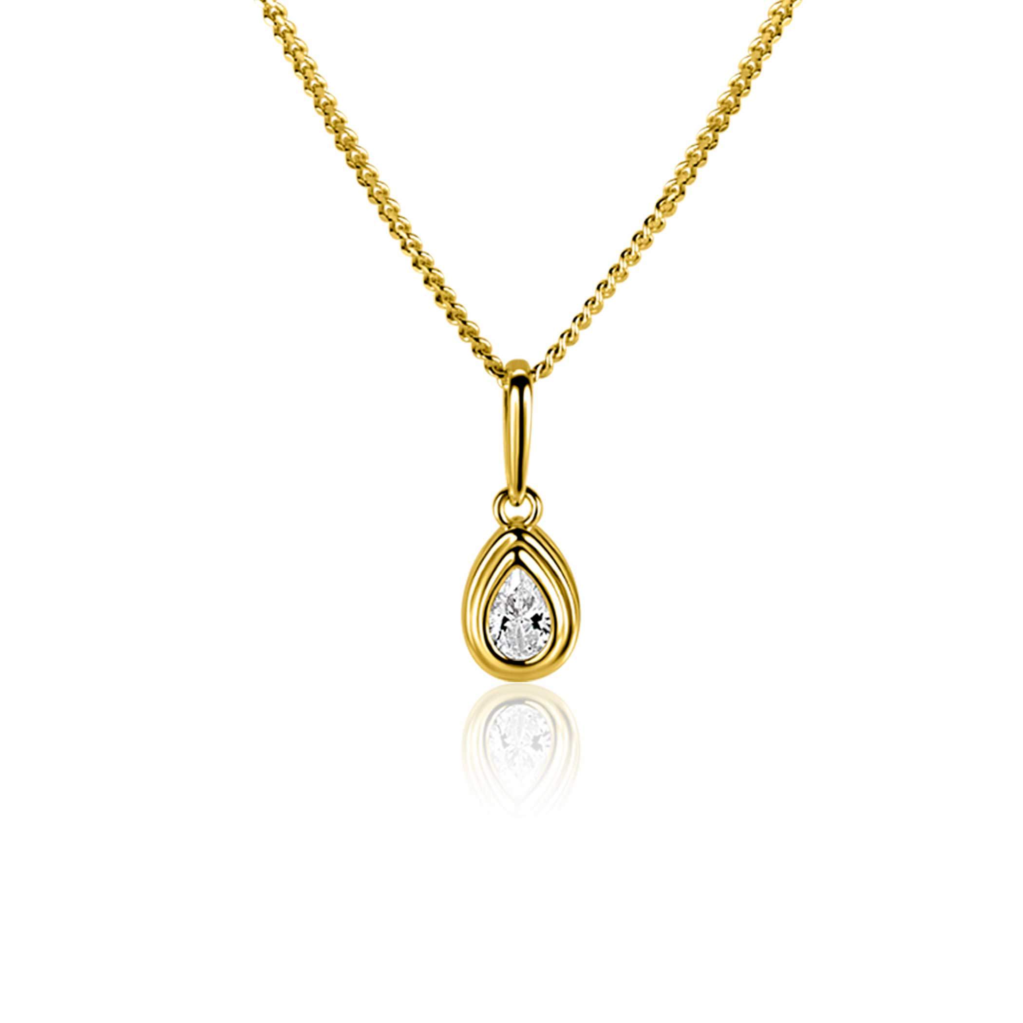 13mm ZINZI Gold 14 krt gouden hanger met druppelvormige witte zirconia in bewerkt kastje ZGH559 (zonder collier)
