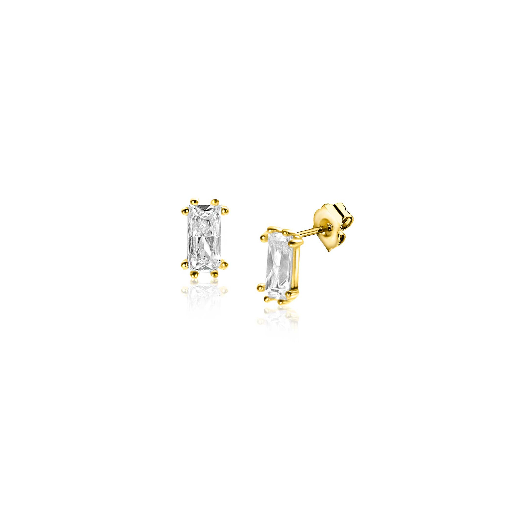 5mm ZINZI Gold 14 krt gouden oorknoppen achtpootszetting met baguette geslepen rechthoekige witte zirconia ZGO369

