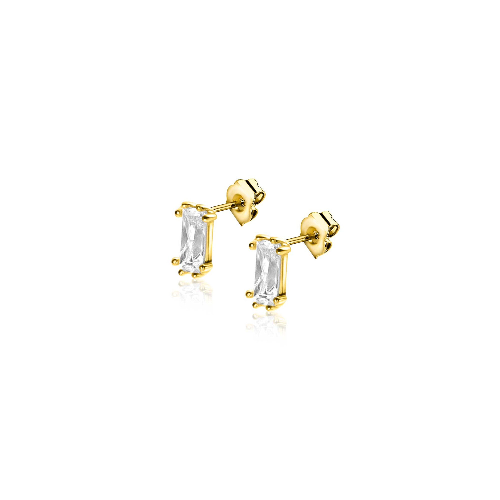 5mm ZINZI Gold 14 krt gouden oorknoppen achtpootszetting met baguette geslepen rechthoekige witte zirconia ZGO369
