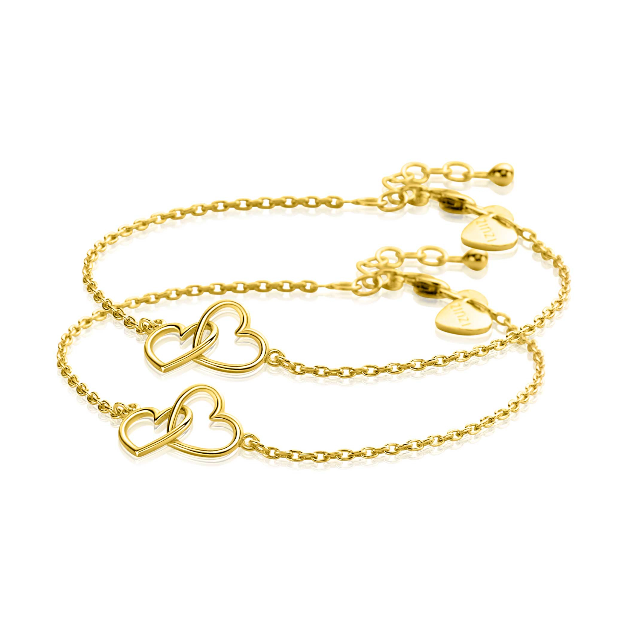ZINZI set van 2 gold-plated zilveren armbanden met 2 verbonden hartjes 17,5-19,5cm ZIA2513G-SET