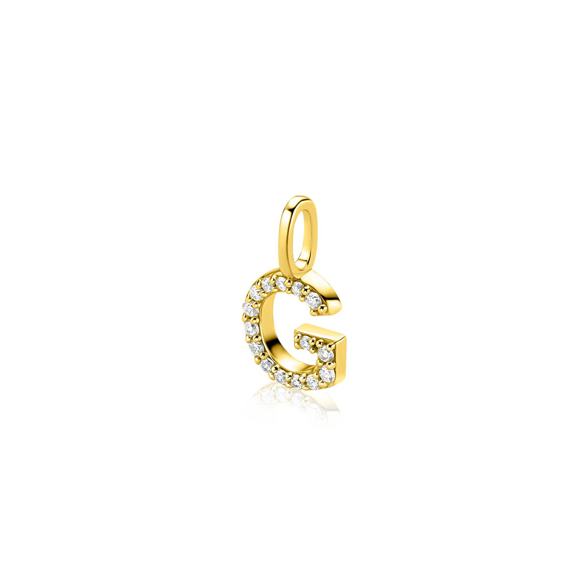 ZINZI gold plated zilveren letter hanger G bezet met witte zirkonia's ZIH2828-G (zonder ketting)