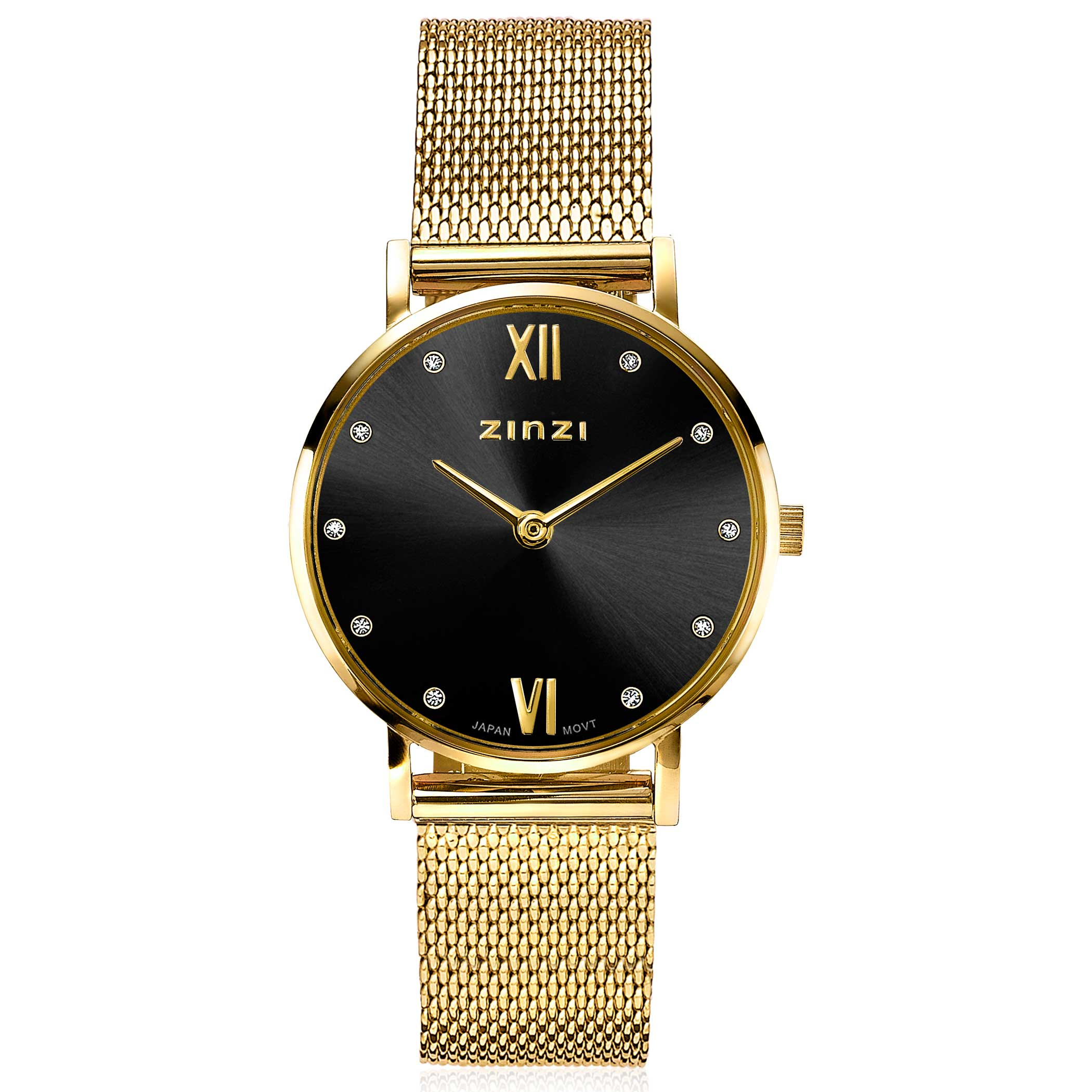 ZINZI Lady Crystal horloge zwarte wijzerplaat, geelgoudkleurige kast en stalen mesh band, witte crystals bij uuraanduiding, 28mm ZIW643M
