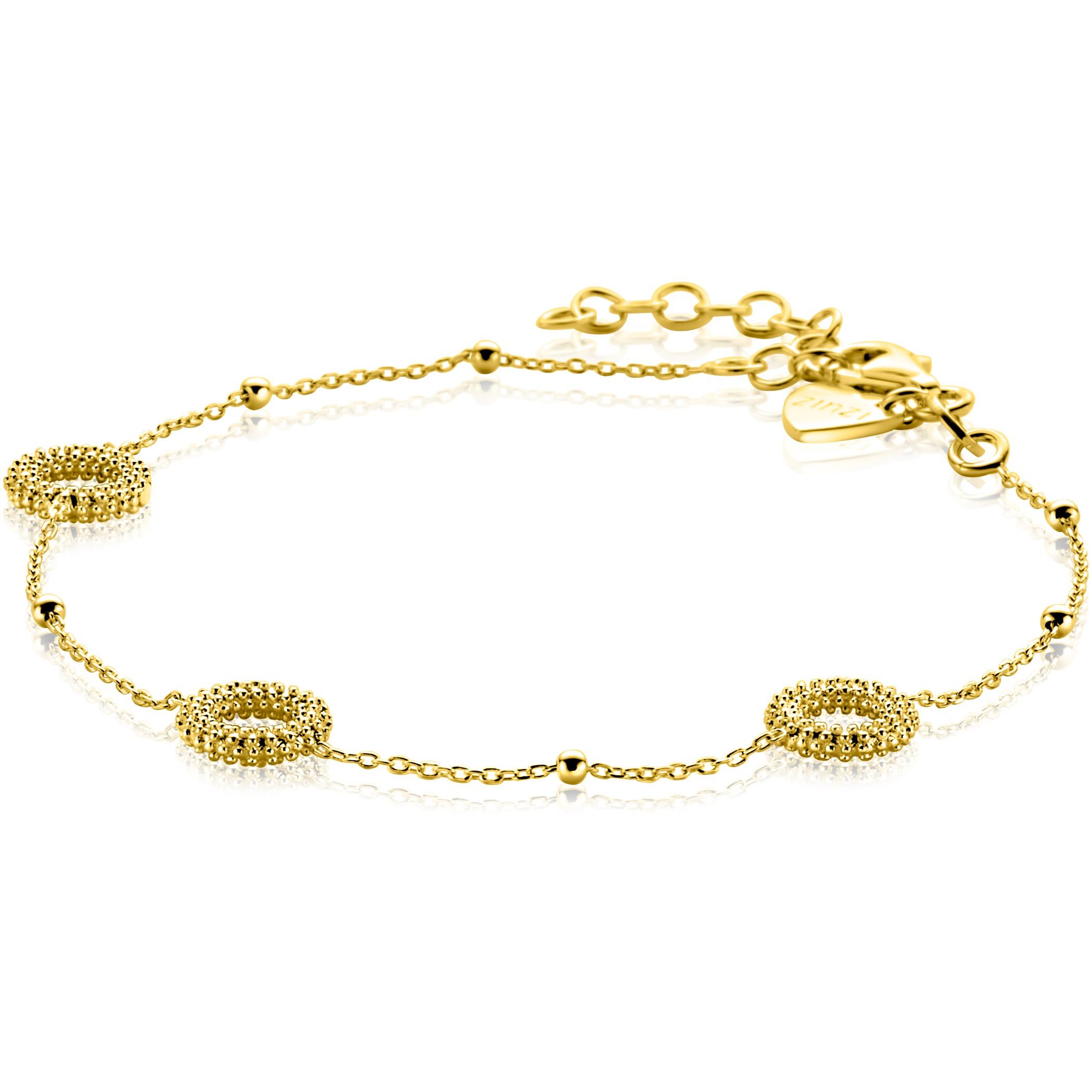 ZINZI gold plated zilveren armband met drie open rondjes (8,5mm) voorzien van een bolstructuur 17-20cm ZIA2704G